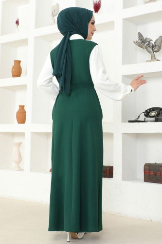 moda selvim Dress PL9058 Emerald&Ecru - Thumbnail