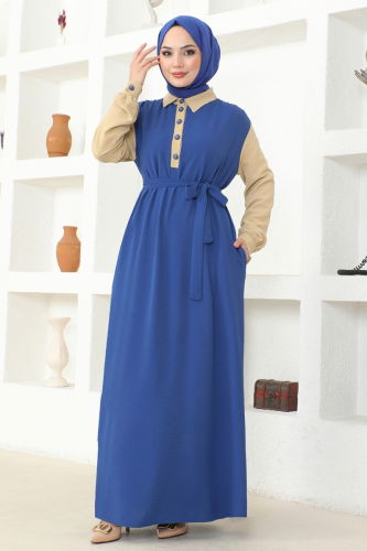 moda selvim Dress PL9058 Indigo&Light Brown - Thumbnail