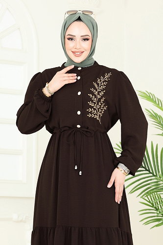 moda selvim الفستان بني PL9069 - Thumbnail