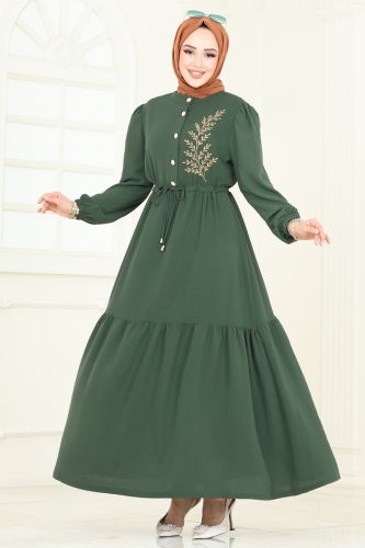 moda selvim الفستان أخضر عفني و بيج PL9069 - Thumbnail