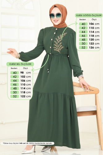 moda selvim الفستان أخضر عفني و بيج PL9069 - Thumbnail