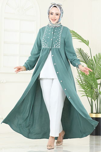 moda selvim الفستان أخضر باهت PL9124 - Thumbnail