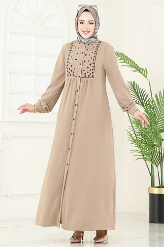 moda selvim الفستان بيج PL9124 - Thumbnail
