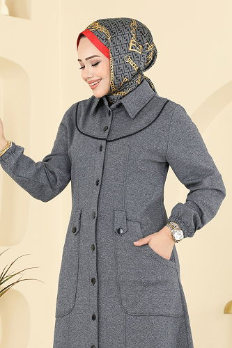 moda selvim الفستان رمادي غامق PL9179 - Thumbnail