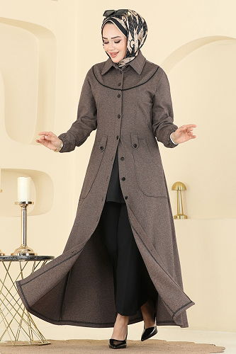 moda selvim الفستان بني PL9179 - Thumbnail