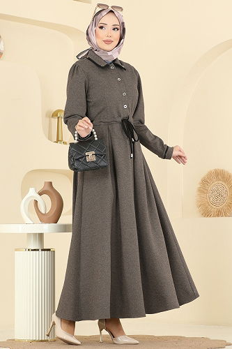 moda selvim الفستان بني PL9183 - Thumbnail
