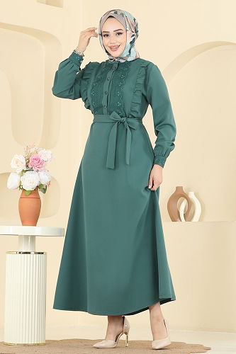 moda selvim الفستان أخضر باهت PL9184 - Thumbnail