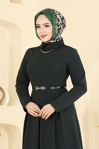 moda selvim الفستان زيتي غامق PL9195 - Thumbnail