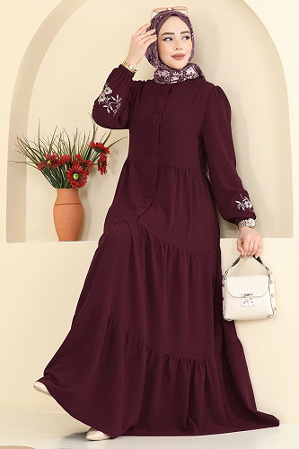 moda selvim الفستان خمري غامق PL9198 - Thumbnail
