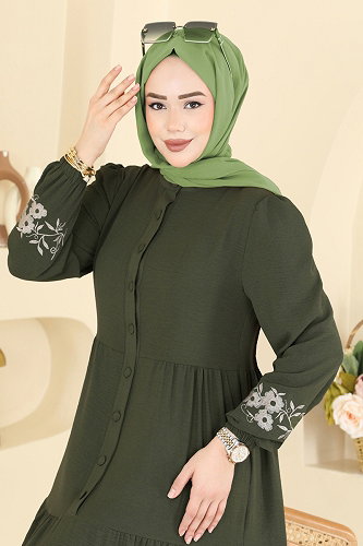 moda selvim الفستان أخضر عفني غامق PL9198 - Thumbnail