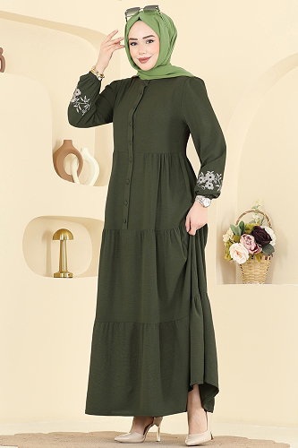 moda selvim الفستان أخضر عفني غامق PL9198 - Thumbnail