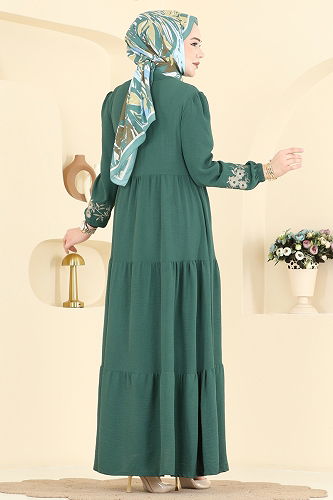 moda selvim الفستان أخضر باهت غامق PL9198 - Thumbnail