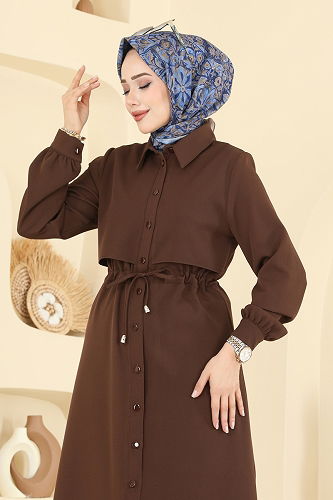 moda selvim الفستان بني PL9199 - Thumbnail