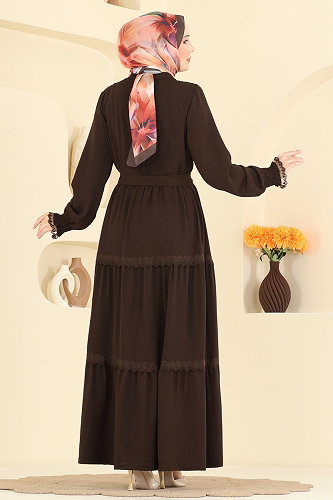 moda selvim الفستان بني غامق PL9200 - Thumbnail