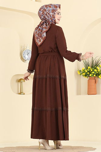 moda selvim الفستان بني PL9200 - Thumbnail