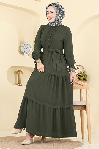 moda selvim Dress PL9200 Dark Khaki - Thumbnail