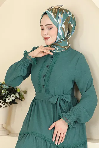 moda selvim الفستان أخضر باهت غامق PL9200 - Thumbnail