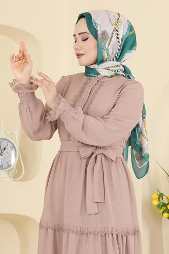 moda selvim الفستان بيج PL9200 - Thumbnail