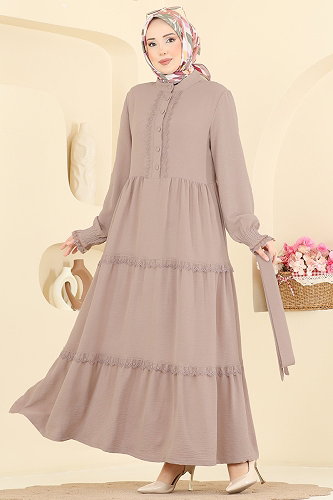 moda selvim الفستان بيج PL9200 - Thumbnail