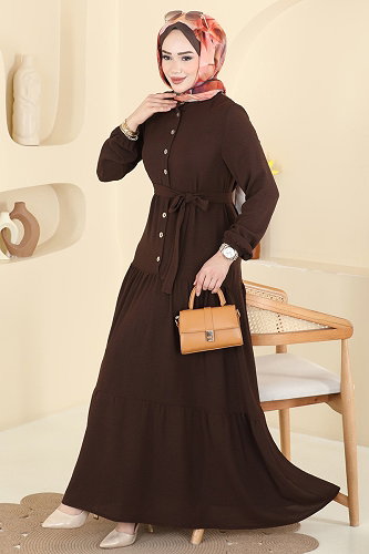 moda selvim الفستان بني PL9203 - Thumbnail