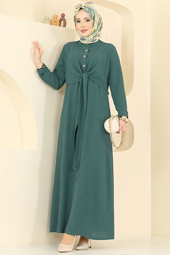 moda selvim الفستان أخضر باهت غامق PL9206 - Thumbnail