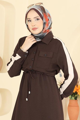 moda selvim الفستان بني PL9209 - Thumbnail