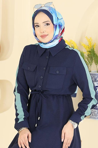 moda selvim Dress PL9209 Navy Blue - Thumbnail