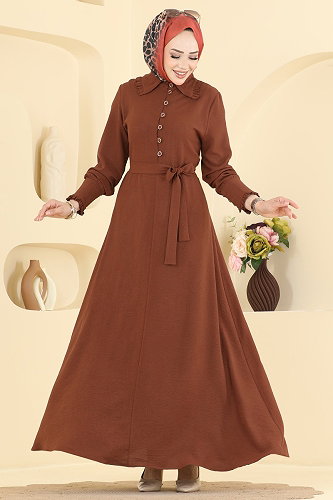 moda selvim الفستان بني PL9226 - Thumbnail