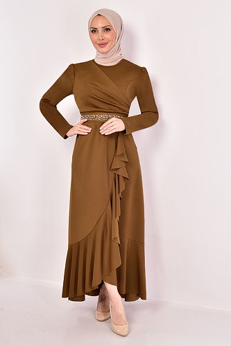 moda selvim Dress with Flared Skirt KBR5078-M Light Tan - Thumbnail