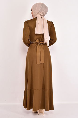 moda selvim Dress with Flared Skirt KBR5078-M Light Tan - Thumbnail