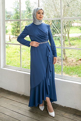 moda selvim Dress with Flared Skirt KBR5078-M Petrol - Thumbnail