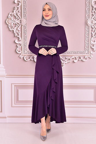 moda selvim Dress with Flared Skirt KBR5078-M Purple - Thumbnail