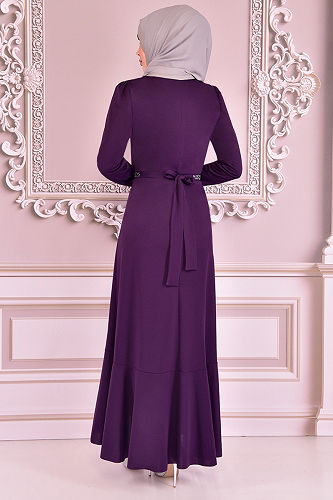 moda selvim Dress with Flared Skirt KBR5078-M Purple - Thumbnail