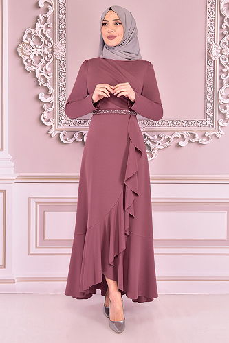 moda selvim Dress with Flared Skirt KBR5078-M Rose Dried - Thumbnail