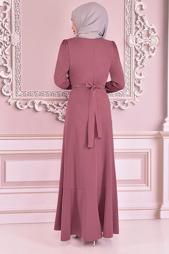 moda selvim Dress with Flared Skirt KBR5078-M Rose Dried - Thumbnail