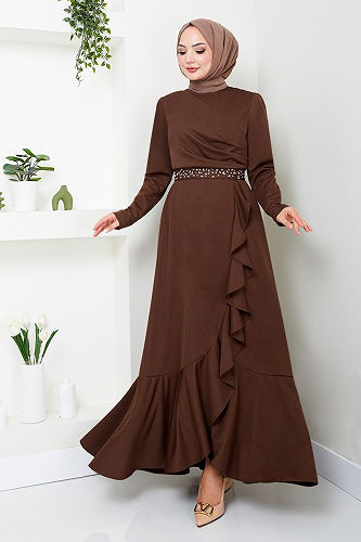 moda selvim Dress with Stone Detailed Belt 4445KTR927-M Coffee - Thumbnail