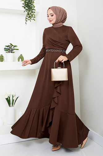 moda selvim Dress with Stone Detailed Belt 4445KTR927-M Coffee - Thumbnail