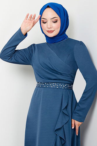 moda selvim Dress with Stone Detailed Belt 4445KTR927-M Indigo - Thumbnail