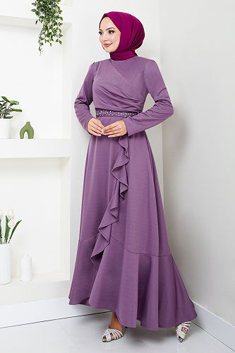 moda selvim Dress with Stone Detailed Belt 4445KTR927-M Lilac - Thumbnail
