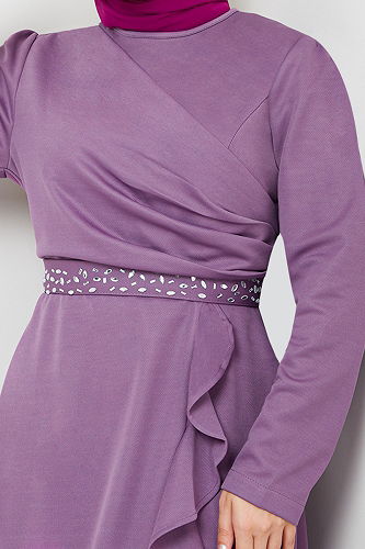 moda selvim Dress with Stone Detailed Belt 4445KTR927-M Lilac - Thumbnail