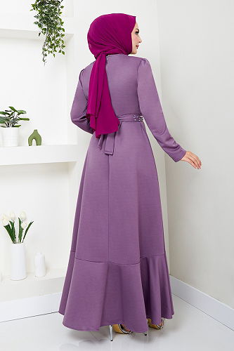 moda selvim Dress with Stone Detailed Belt 4445KTR927-M Lilac - Thumbnail