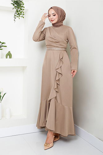 moda selvim Dress with Stone Detailed Belt 4445KTR927-M Vision - Thumbnail