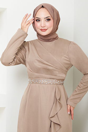 moda selvim Dress with Stone Detailed Belt 4445KTR927-M Vision - Thumbnail