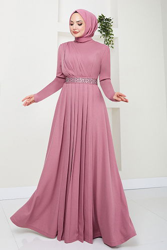 moda selvim Dress with Stone Embroidered Belt 278DVL897-M Rose Dried - Thumbnail