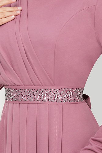 moda selvim Dress with Stone Embroidered Belt 278DVL897-M Rose Dried - Thumbnail