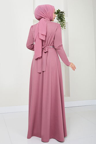 moda selvim Dress with Stone Embroidered Belt 278DVL897-M Rose Dried - Thumbnail