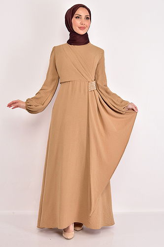 moda selvim Dress with Stone Embroidered Waist ASM2507-M Camel - Thumbnail