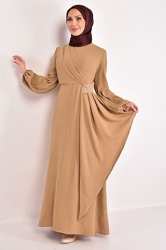 moda selvim Dress with Stone Embroidered Waist ASM2507-M Camel - Thumbnail