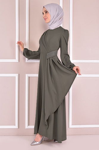 moda selvim Dress with Stone Embroidered Waist ASM2507-M Khaki - Thumbnail