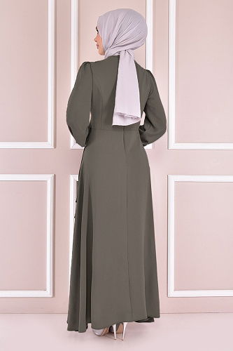 moda selvim Dress with Stone Embroidered Waist ASM2507-M Khaki - Thumbnail